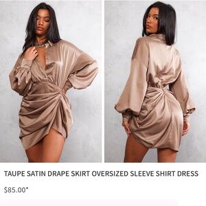 SATIN DRAPE SKIRT OVERSIZED SLEEVE SHIRT DRESS